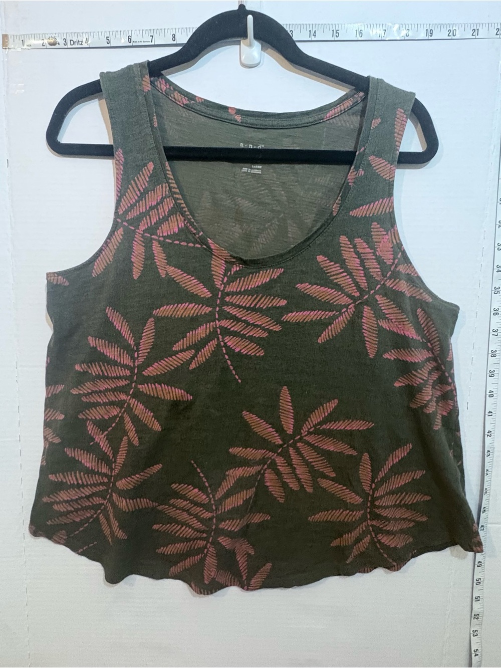 a new day Olive Green Tank Top with Pink Leaf Pattern